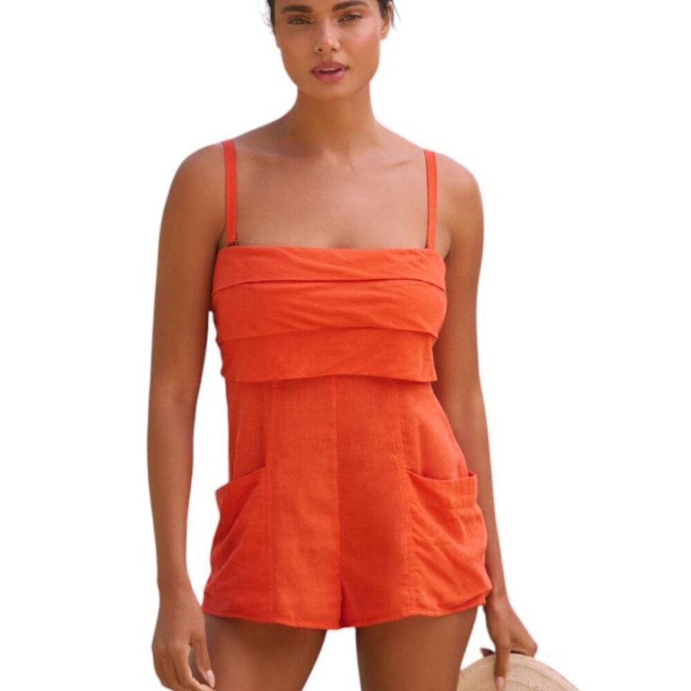 Anthropologie Linen Blend Pocket Romper Size Medium Orange Removable Strap NWT